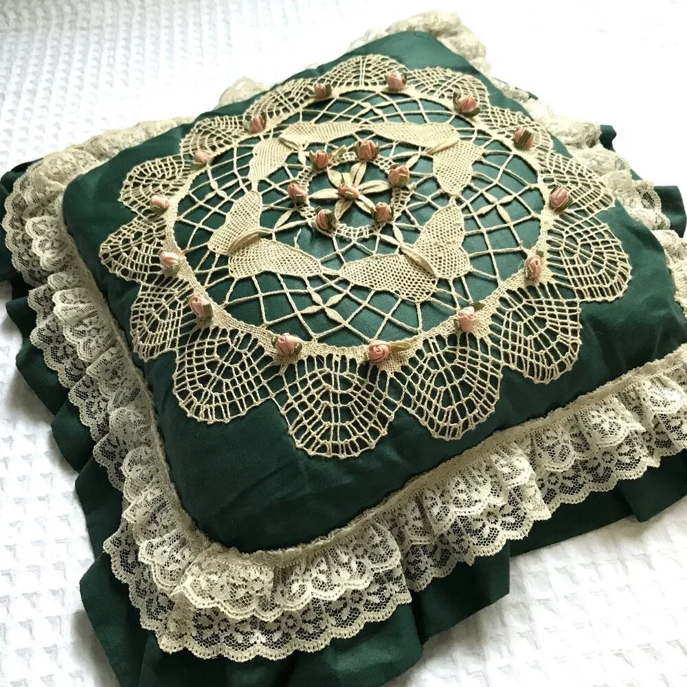 Vintage Lace Rosebud Accent Pillow Floral Green Pink Tan